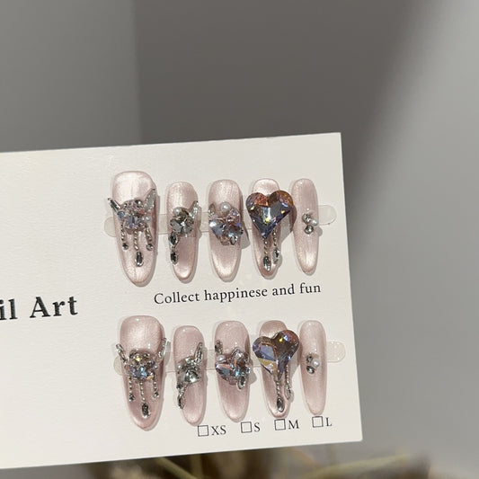 【Cherry Blossom Fall】Purely Handmade Wearable Nails High-End Pink Purple Cat Eye High-End Nail Tips Light Luxury Sparkling Rhinestone Fake Nail Stickers