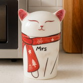 Creative Ceramic Cat Urn with Decorative Elements – Pet Memorial Jar with Scarf, Flag or Floral Wreath – Unique Cat Ashes Keepsake