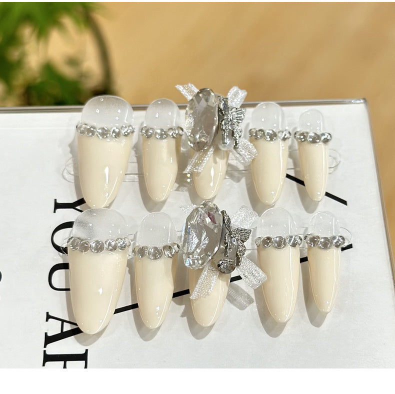 【Classic French Style】Purely Handmade Wearable Nails White Rich Beautiful French Gentle Cute High-end Nail Art Detachable Phototherapy Nail Stickers Finished Product