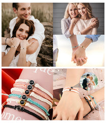 Collage of personalized photo projection bracelets worn by couples and friends, showcasing love and connection.