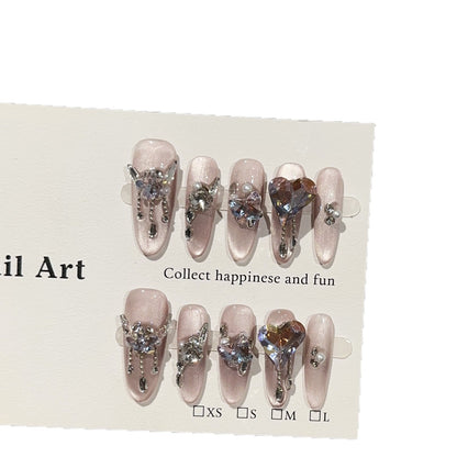 【Cherry Blossom Fall】Purely Handmade Wearable Nails High-End Pink Purple Cat Eye High-End Nail Tips Light Luxury Sparkling Rhinestone Fake Nail Stickers