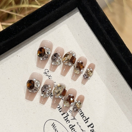【Crystal Diamond Glass】Purely Handmade Wearable Nails High-End Brown Orange Pink Blush Nail Tips with Pile of Rhinestones and Sparkling Fake Nail Stickers