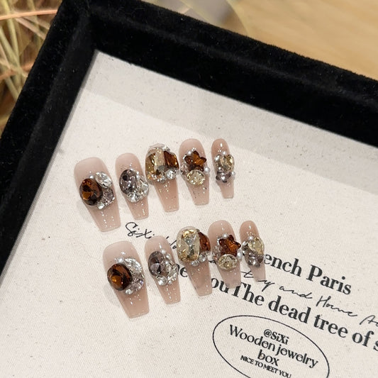 【Crystal Diamond Glass】Purely Handmade Wearable Nails High-End Brown Orange Pink Blush Nail Tips with Pile of Rhinestones and Sparkling Fake Nail Stickers