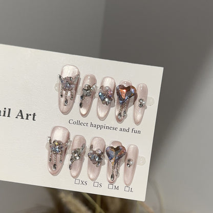 【Cherry Blossom Fall】Purely Handmade Wearable Nails High-End Pink Purple Cat Eye High-End Nail Tips Light Luxury Sparkling Rhinestone Fake Nail Stickers