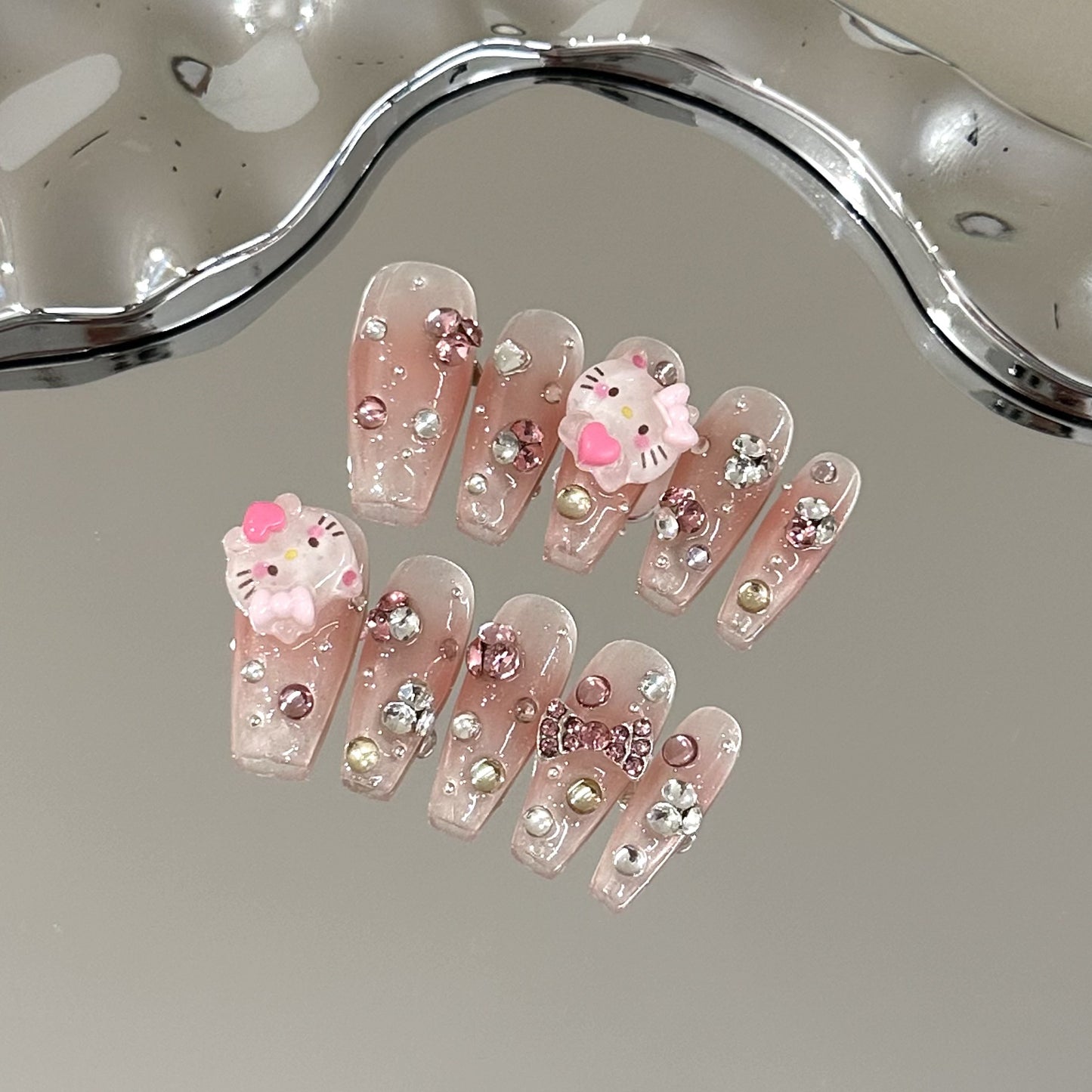 [Kitty Cat] Cartoon Cute Handmade Wearable Nail Tips High-End Pink Blush Manicure Detachable Brightening Little Cat Fake Nail Stickers