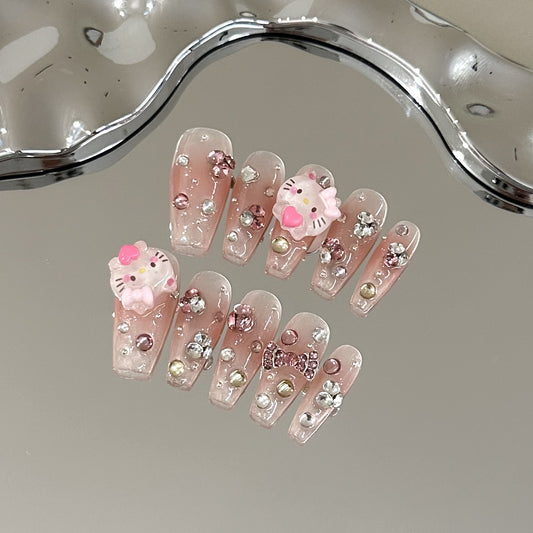 [Kitty Cat] Cartoon Cute Handmade Wearable Nail Tips High-End Pink Blush Manicure Detachable Brightening Little Cat Fake Nail Stickers