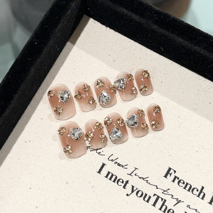 [Gold Mine] Purely Handmade Wearable Nail Tips High-end Pink Short Blush Manicure Heart Champagne Pile Diamond Light Luxury Elegant Whitening