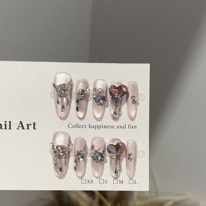 【Cherry Blossom Fall】Purely Handmade Wearable Nails High-End Pink Purple Cat Eye High-End Nail Tips Light Luxury Sparkling Rhinestone Fake Nail Stickers