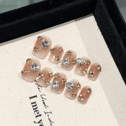 [Gold Mine] Purely Handmade Wearable Nail Tips High-end Pink Short Blush Manicure Heart Champagne Pile Diamond Light Luxury Elegant Whitening