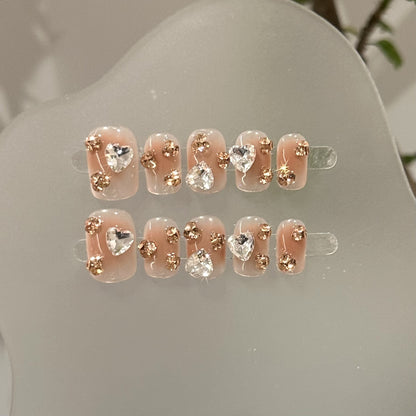 [Gold Mine] Purely Handmade Wearable Nail Tips High-end Pink Short Blush Manicure Heart Champagne Pile Diamond Light Luxury Elegant Whitening