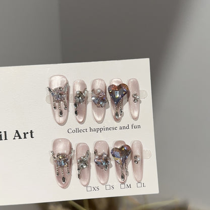 【Cherry Blossom Fall】Purely Handmade Wearable Nails High-End Pink Purple Cat Eye High-End Nail Tips Light Luxury Sparkling Rhinestone Fake Nail Stickers