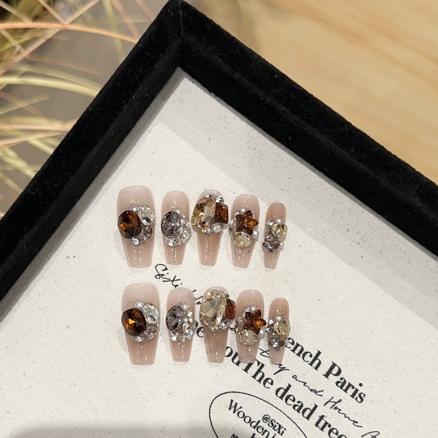 【Crystal Diamond Glass】Purely Handmade Wearable Nails High-End Brown Orange Pink Blush Nail Tips with Pile of Rhinestones and Sparkling Fake Nail Stickers