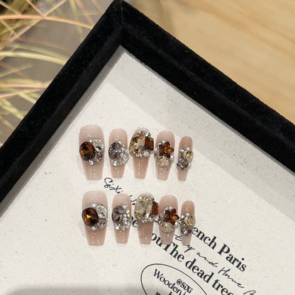 【Crystal Diamond Glass】Purely Handmade Wearable Nails High-End Brown Orange Pink Blush Nail Tips with Pile of Rhinestones and Sparkling Fake Nail Stickers