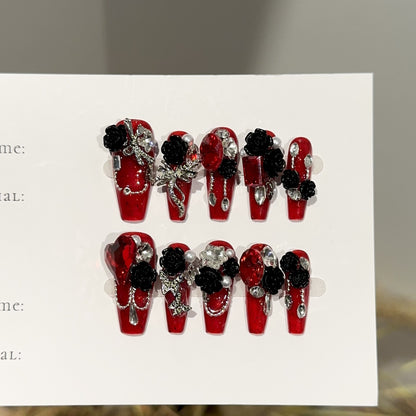 【Red Wine Lady】Purely Handmade Wearable Nails High-End Feel Autumn Winter Wine Red Long Nail Tips Camellia Red Diamond Fake Nail Stickers