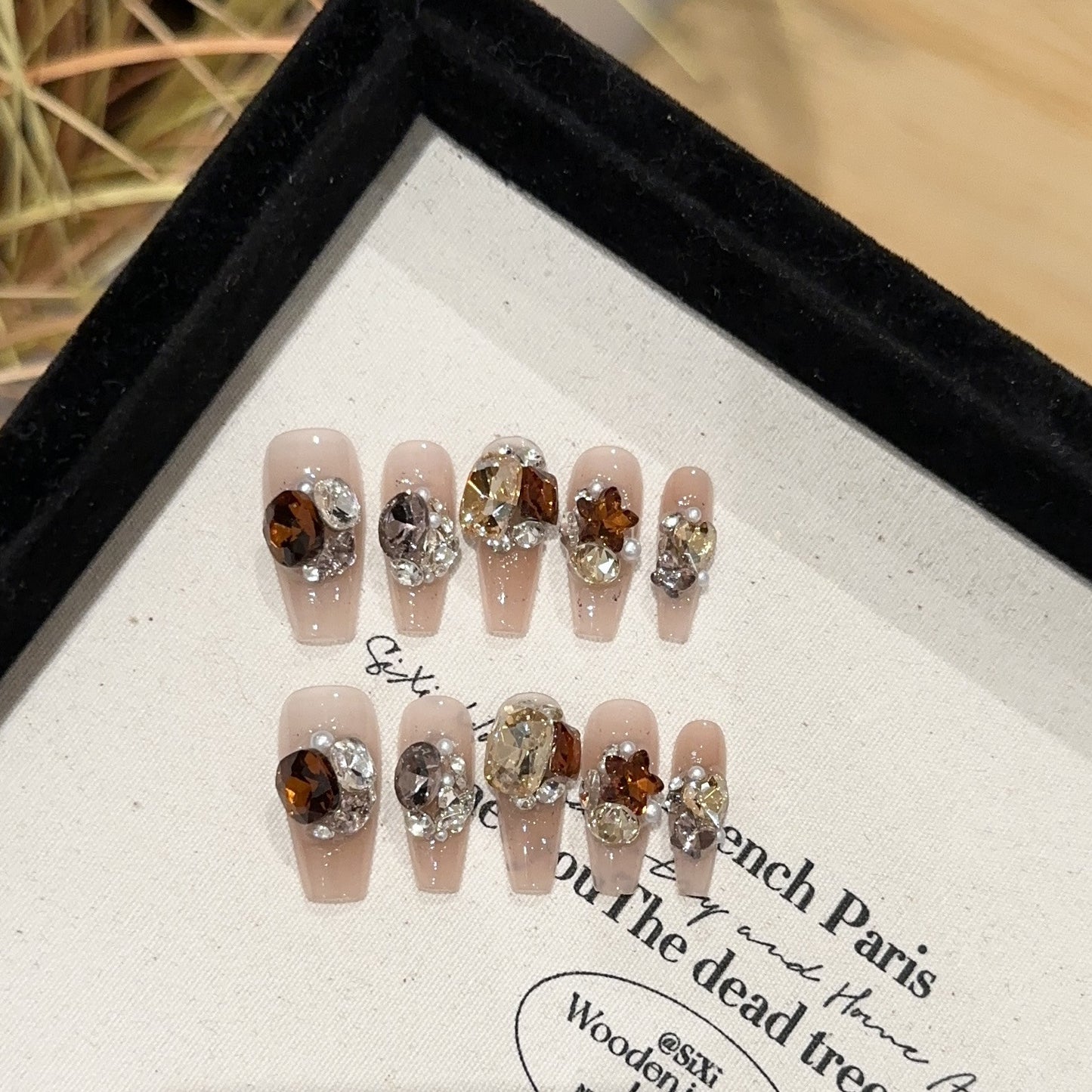 【Crystal Diamond Glass】Purely Handmade Wearable Nails High-End Brown Orange Pink Blush Nail Tips with Pile of Rhinestones and Sparkling Fake Nail Stickers