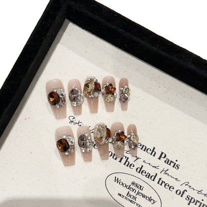 【Crystal Diamond Glass】Purely Handmade Wearable Nails High-End Brown Orange Pink Blush Nail Tips with Pile of Rhinestones and Sparkling Fake Nail Stickers