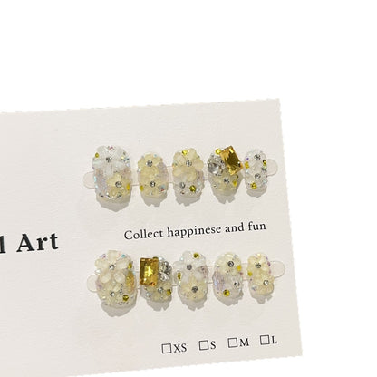【Flowers（Gold）】Purely Handmade Wearable Nails with a High-End Feel gold Spring Small Flower Full Diamond Short Nail Tips Flashing Fake Nail Stickers