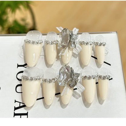 【Classic French Style】Purely Handmade Wearable Nails White Rich Beautiful French Gentle Cute High-end Nail Art Detachable Phototherapy Nail Stickers Finished Product
