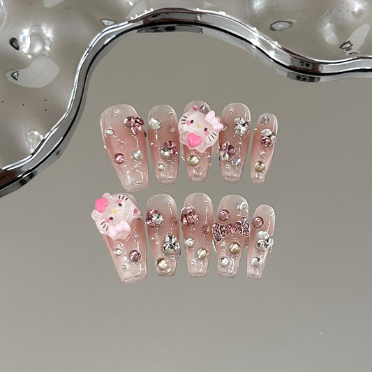 [Kitty Cat] Cartoon Cute Handmade Wearable Nail Tips High-End Pink Blush Manicure Detachable Brightening Little Cat Fake Nail Stickers
