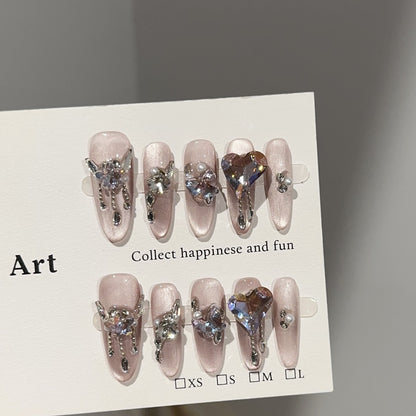 【Cherry Blossom Fall】Purely Handmade Wearable Nails High-End Pink Purple Cat Eye High-End Nail Tips Light Luxury Sparkling Rhinestone Fake Nail Stickers