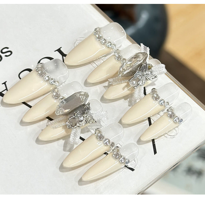 【Classic French Style】Purely Handmade Wearable Nails White Rich Beautiful French Gentle Cute High-end Nail Art Detachable Phototherapy Nail Stickers Finished Product