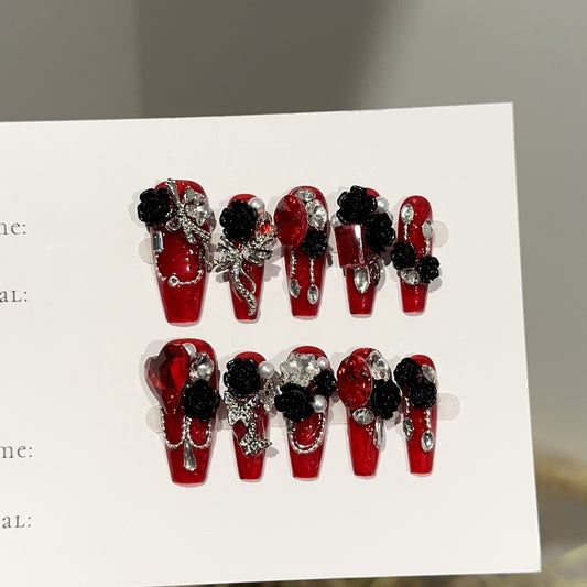 【Red Wine Lady】Purely Handmade Wearable Nails High-End Feel Autumn Winter Wine Red Long Nail Tips Camellia Red Diamond Fake Nail Stickers