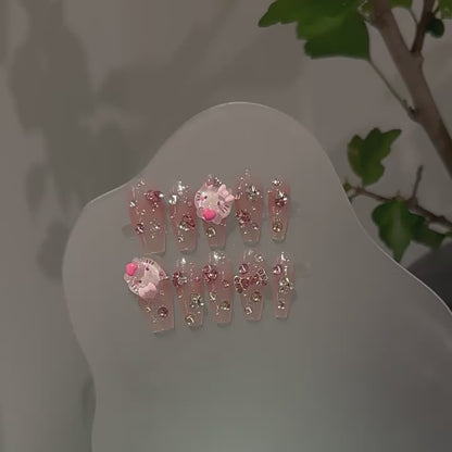 [Kitty Cat] Cartoon Cute Handmade Wearable Nail Tips High-End Pink Blush Manicure Detachable Brightening Little Cat Fake Nail Stickers