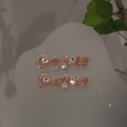 [Gold Mine] Purely Handmade Wearable Nail Tips High-end Pink Short Blush Manicure Heart Champagne Pile Diamond Light Luxury Elegant Whitening