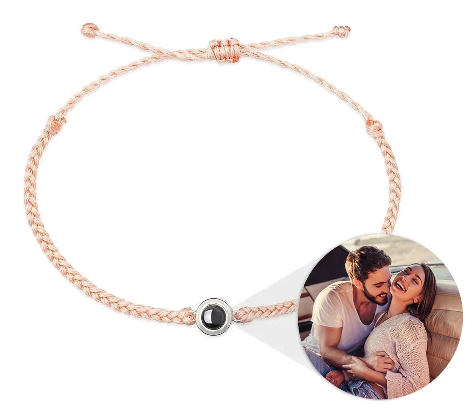 Personalized photo projection bracelet featuring a photo of a couple for a heartfelt gift.