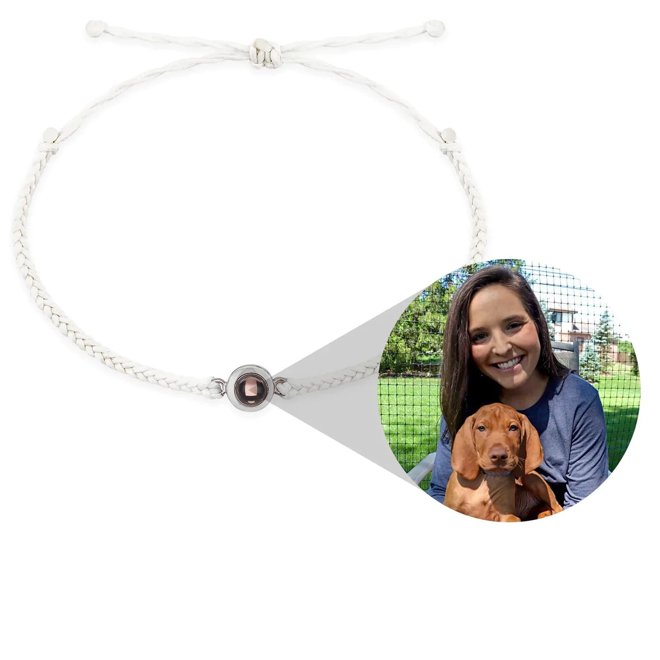 Personalized photo projection bracelet with photo of a girl and her dog, showcasing a unique gift idea.